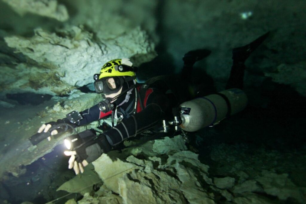 Cave diver training in Cenote Minotauro with Dive Cenotes Mexico.