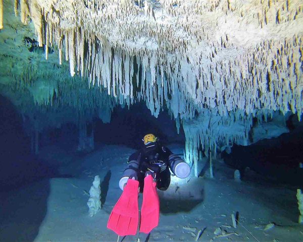 Cave diver penetrating cenote Nohoch Nah Chich