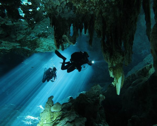 Divers passing through breathtaking light beams, enjoying a cenote diving tour with Dive Cenotes Mexico.